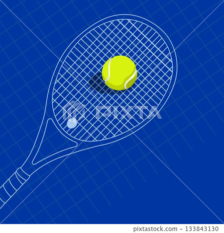 Image of tennis ball on tennis racket on blue background Image of tennis ball on tennis racket on blue background 133843130