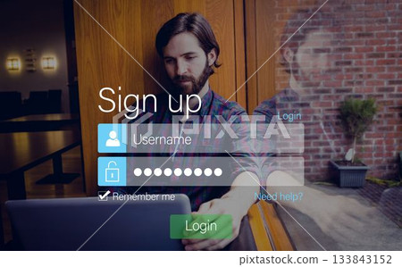 Login screen superimposed on hipster man with laptop Login screen superimposed on hipster man with laptop 133843152