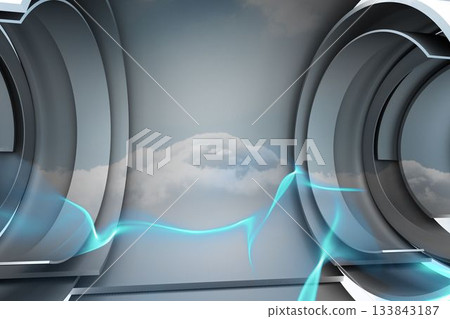 Futuristic metallic portal frames are showing clouds with blue energy ribbons in sci-fi 3D render 133843187