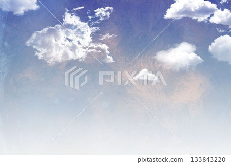 White cumulus clouds are floating in flat design sky with pale blue peach gradient backdrop 133843220