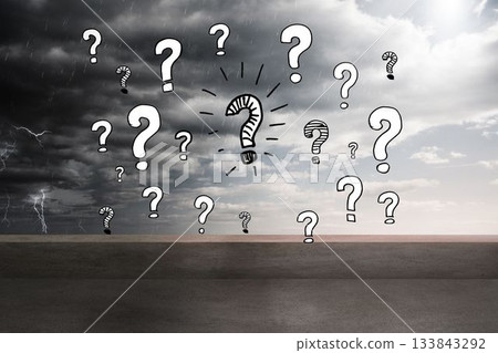 Question marks over balcony and stormy sky Question marks over balcony and stormy sky 133843292