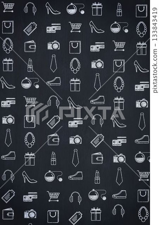 Retail icons are repeating on chalkboard-style background featuring carts, shoes, tags, bags Retail icons are repeating on chalkboard-style background featuring carts, shoes, tags, bags 133843419
