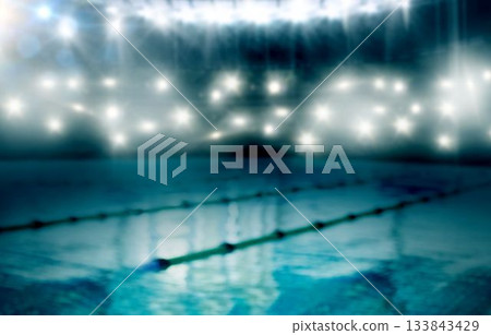 Central pool lane is glimmering under stadium lights with floating dividers in flat design Central pool lane is glimmering under stadium lights with floating dividers in flat design 133843429