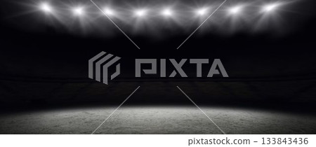 Flat design is showing empty arena floor with rigged spotlights lighting textured surface Flat design is showing empty arena floor with rigged spotlights lighting textured surface 133843436