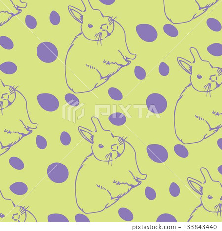 Central purple line-drawn rabbit is featuring in pale green sketch-style pattern with purple ovals Central purple line-drawn rabbit is featuring in pale green sketch-style pattern with purple ovals 133843440
