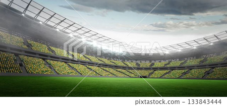 Flat design stadium interior showing grass pitch with yellow green seats, featuring floodlights 133843444