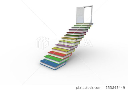 Steps made from books leading to open door Steps made from books leading to open door 133843449