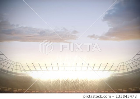 Showing flat design stadium roof trusses, floodlights lighting tiered seating and wire mesh at dusk Showing flat design stadium roof trusses, floodlights lighting tiered seating and wire mesh at dusk 133843478