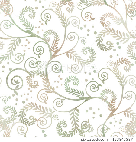 A seamless companion pattern with curved branches in a soft green and beige color. Watercolor illustration for interior design, apparel and fabric printing, project design, and packaging. A seamless companion pattern with curved branches in a soft green and beige color. Watercolor illustration for interior design, apparel and fabric printing, project design, and packaging. 133843587