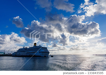 一艘豪華遊輪停泊在港口。我們登上了「座間味皇后3號」高速噴射渡輪，前往慶良間群島的座間味島。 133843595