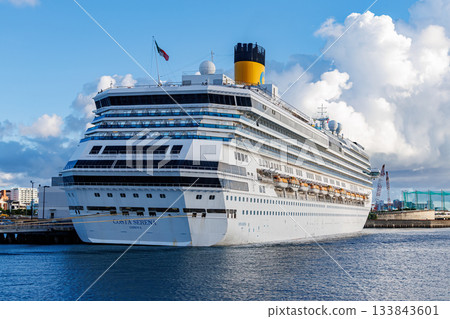 一艘豪華遊輪停泊在港口。我們登上了「座間味皇后3號」高速噴射渡輪，前往慶良間群島的座間味島。 133843601