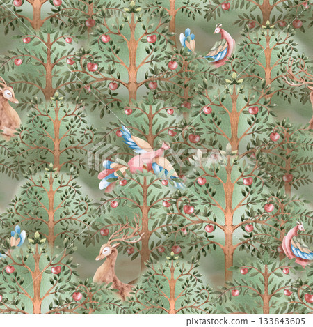 A seamless pattern featuring a Garden of Eden and stylized birds on a green background. Watercolor illustration for interior design, printing on clothing and fabric, project design, and packaging. 133843605