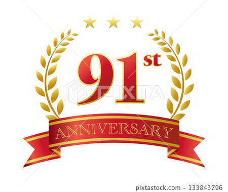 91週年紀念圖示。紅色絲帶和裝飾框。 133843796