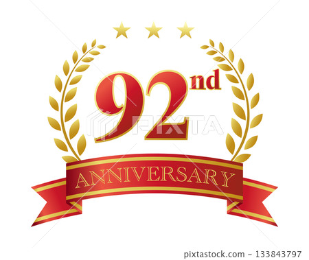 92週年紀念圖示。紅色絲帶和裝飾框。 92週年紀念圖示。紅色絲帶和裝飾框。 133843797