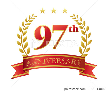 97週年紀念圖示。紅色絲帶和裝飾框。 133843802