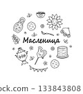 Maslenitsa is a traditional holiday marking the end of winter. Inscription Shrovetide. Vector doodle illustration of pancakes, samovar, matryoshka, sun, cockerel. 133843808