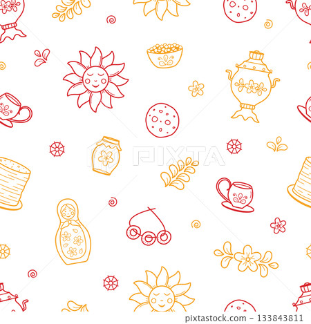 Seamless pattern Maslenitsa is a traditional holiday marking the end of winter. Background Shrovetide. Vector doodle illustration wallpaper. Seamless pattern Maslenitsa is a traditional holiday marking the end of winter. Background Shrovetide. Vector doodle illustration wallpaper. 133843811
