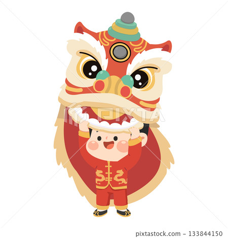 Illustration of Boy Performing Lion Dance Illustration of Boy Performing Lion Dance 133844150