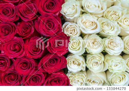 Red and White Roses on Flower Market Table 133844270