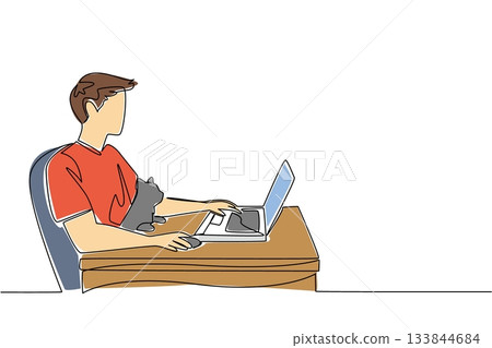 Single one line drawing a man sits on a chair typing on a laptop and hugging a cat. Creating cutting edge applications. Busy. National Work From Home Day. Continuous line design graphic illustration 133844684