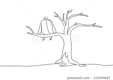 Single continuous line drawing gorilla sitting on a big dry tree branch. Unable to survive. Chronic environmental damage. Extinct. National Endangered Species Day. One line design vector illustration 133844687