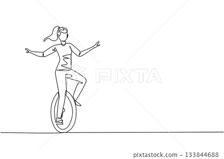 Single one line drawing a young beautiful woman riding a unicycle. Strong and brave woman. Entertaining the audience. Very balanced. Ride a Unicycle Day. Continuous line design graphic illustration 133844688