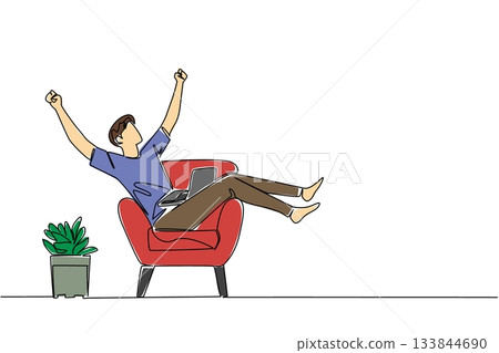 Single continuous line drawing a man sits on sofa with his legs and arms up and a laptop on his stomach. New business deal. Happiness. National Work From Home Day. One line design vector illustration 133844690