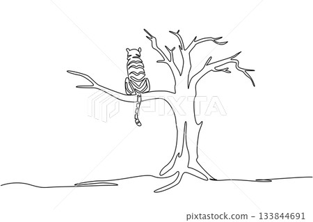 Single one line drawing tiger sitting on a big dry tree branch. Massive and continuous hunting. Victims of human greed. National Endangered Species Day. Continuous line design graphic illustration 133844691