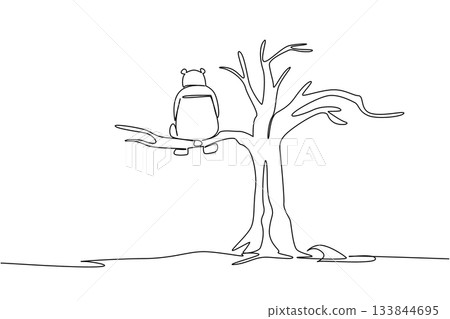 Continuous one line drawing panda sitting on a big dry tree branch. Extreme climate change. Lack of cultivation. Extinct. National Endangered Species Day. Single line draw design vector illustration 133844695