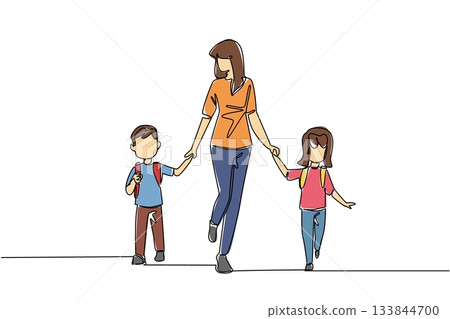 Single one line drawing a mother holding her son and daughter on her left and right. A morning routine of mother. Cheerfulness. Walk Safely To School Day. Continuous line design graphic illustration Single one line drawing a mother holding her son and daughter on her left and right. A morning routine of mother. Cheerfulness. Walk Safely To School Day. Continuous line design graphic illustration 133844700
