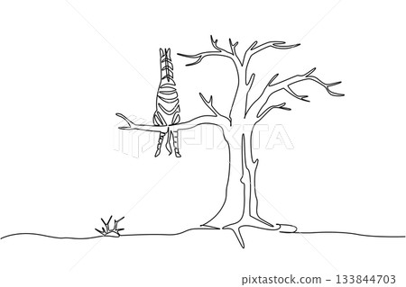 Single continuous line drawing zebra sitting on a big dry tree branch. Illegal trade. Poaching. Human egocentrism. Slowly extinct. National Endangered Species Day. One line design vector illustration 133844703