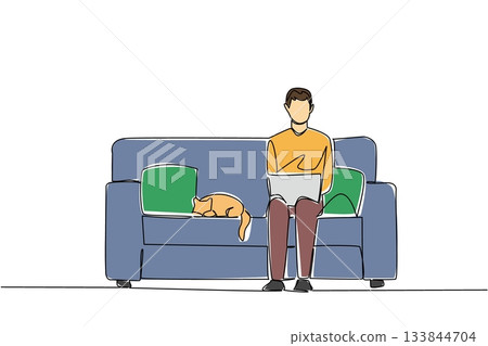 Single continuous line drawing man sits on sofa typing laptop on lap and cat lying down. Complete remote overseas jobs one by one. National Work From Home Day. One line design vector illustration 133844704