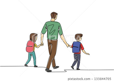 Continuous one line drawing rear view, a father holds son and daughter on his right and left. Walk leisurely to the school gate. Walk Safely To School Day. Single line draw design vector illustration 133844705