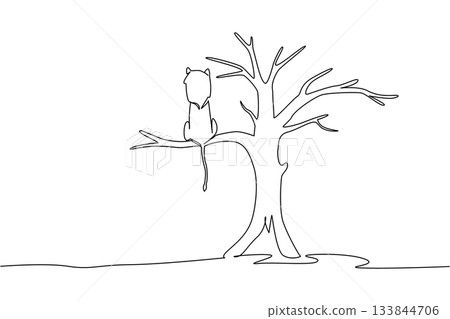 Continuous one line drawing lion is sitting on a big dry tree branch. The food chain is slowly changing. Bad adaptation. National Endangered Species Day. Single line draw design vector illustration 133844706