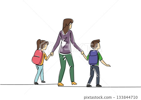 Single continuous line drawing rear view, a mother holds her son and daughter on her right and left. Walk happily together to school. Walk Safely To School Day. One line design vector illustration Single continuous line drawing rear view, a mother holds her son and daughter on her right and left. Walk happily together to school. Walk Safely To School Day. One line design vector illustration 133844710
