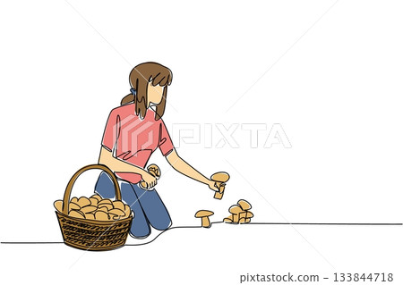 Single one line drawing a woman picking mushrooms and rattan basket full of mushrooms. Harvesting from tropical rainforests. National Mushroom Hunting Day. Continuous line design graphic illustration Single one line drawing a woman picking mushrooms and rattan basket full of mushrooms. Harvesting from tropical rainforests. National Mushroom Hunting Day. Continuous line design graphic illustration 133844718