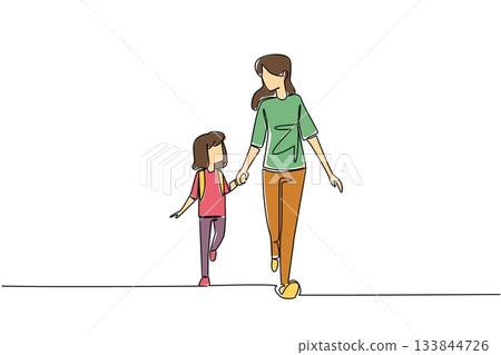 Single one line drawing girl carrying backpack walking hand in hand with mother. Walking leisurely. Telling stories and singing. Walk Safely To School Day. Continuous line design graphic illustration Single one line drawing girl carrying backpack walking hand in hand with mother. Walking leisurely. Telling stories and singing. Walk Safely To School Day. Continuous line design graphic illustration 133844726