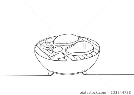 Continuous one line drawing barbecue grill with some meat cuts and peppers. Warming up the atmosphere with delicious meat. Steak. National Barbecue Day. Single line draw design vector illustration 133844728
