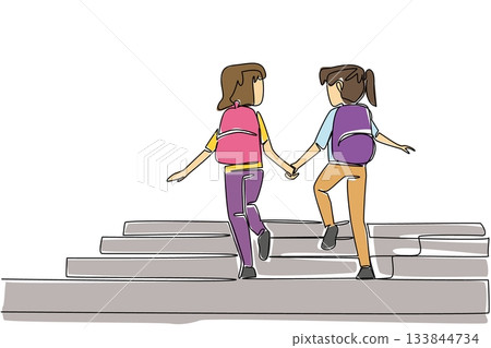 Continuous one line drawing 2 girls carrying backpacks holding hands walking up the stairs. True friendship of two students. Walk Safely To School Day. Single line draw design vector illustration Continuous one line drawing 2 girls carrying backpacks holding hands walking up the stairs. True friendship of two students. Walk Safely To School Day. Single line draw design vector illustration 133844734