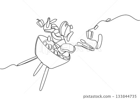 Continuous one line drawing barbecue grill with slices of meat sausages, peppers, tongs, flying around. Appetite boosting invitation. National Barbecue Day. Single line draw design vector illustration Continuous one line drawing barbecue grill with slices of meat sausages, peppers, tongs, flying around. Appetite boosting invitation. National Barbecue Day. Single line draw design vector illustration 133844735