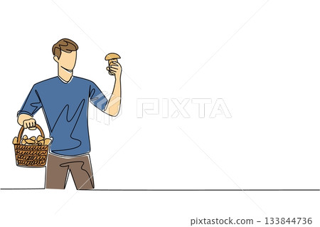 Single one line drawing a man carrying a rattan basket filled with mushrooms in one hand. Surprised. Get blessings. Edible. National Mushroom Hunting Day. Continuous line design graphic illustration Single one line drawing a man carrying a rattan basket filled with mushrooms in one hand. Surprised. Get blessings. Edible. National Mushroom Hunting Day. Continuous line design graphic illustration 133844736