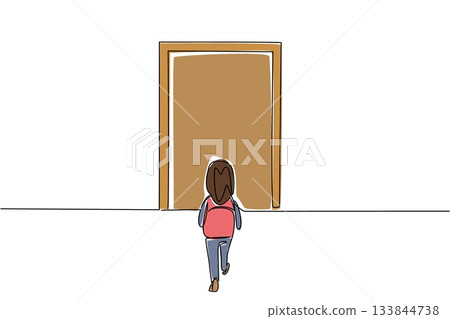 Single one line drawing girl carrying backpack walking towards the door. The excitement of the first day of school. New bag. Walk Safely To School Day. Continuous line design graphic illustration 133844738