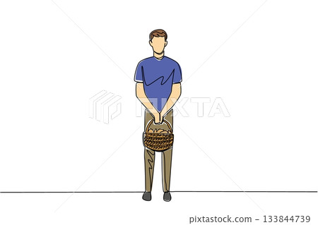 Continuous one line drawing a man carrying a rattan basket filled with mushrooms with both hands. Coming home after hunting. National Mushroom Hunting Day. Single line draw design vector illustration Continuous one line drawing a man carrying a rattan basket filled with mushrooms with both hands. Coming home after hunting. National Mushroom Hunting Day. Single line draw design vector illustration 133844739