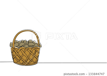 Single continuous line drawing rattan basket filled with mushrooms. The result of good cultivation efforts. A satisfying harvest. National Mushroom Hunting Day. One line design vector illustration Single continuous line drawing rattan basket filled with mushrooms. The result of good cultivation efforts. A satisfying harvest. National Mushroom Hunting Day. One line design vector illustration 133844747
