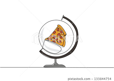 Single continuous line drawing globe whose center is replaced by a plate containing a slice of pizza. A very filling pizza party. Tasty. National Pizza Party Day. One line design vector illustration 133844754