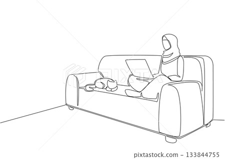 Single one line drawing arab woman sits crosses...-插圖素材 [133844755 ...