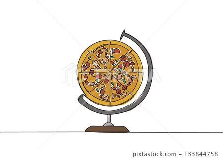 Single one line drawing globe whose center has been replaced with a pizza. Order pizza on special days. Gathering full of joy. National Pizza Party Day. Continuous line design graphic illustration 133844758