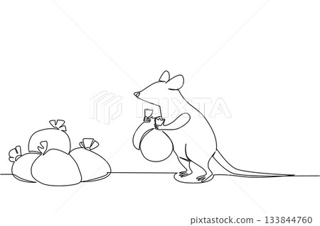 Single one line drawing the rat walks with both hands carrying a trash bag. Bring trash bags based on type. Easy to recycle. Ecology. National Pack Rat Day. Continuous line design graphic illustration Single one line drawing the rat walks with both hands carrying a trash bag. Bring trash bags based on type. Easy to recycle. Ecology. National Pack Rat Day. Continuous line design graphic illustration 133844760