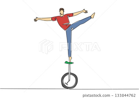 Single continuous line drawing a man in casual clothes standing on one leg on the seat of a unicycle. A show of skill and courage. Balance. Ride a Unicycle Day. One line design vector illustration Single continuous line drawing a man in casual clothes standing on one leg on the seat of a unicycle. A show of skill and courage. Balance. Ride a Unicycle Day. One line design vector illustration 133844762