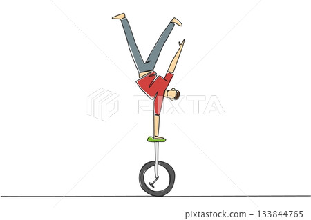 Single continuous line drawing strong man standing upside down with one hand holding unicycle seat. Acrobatics like a circus performer. Brave. Ride a Unicycle Day. One line design vector illustration 133844765
